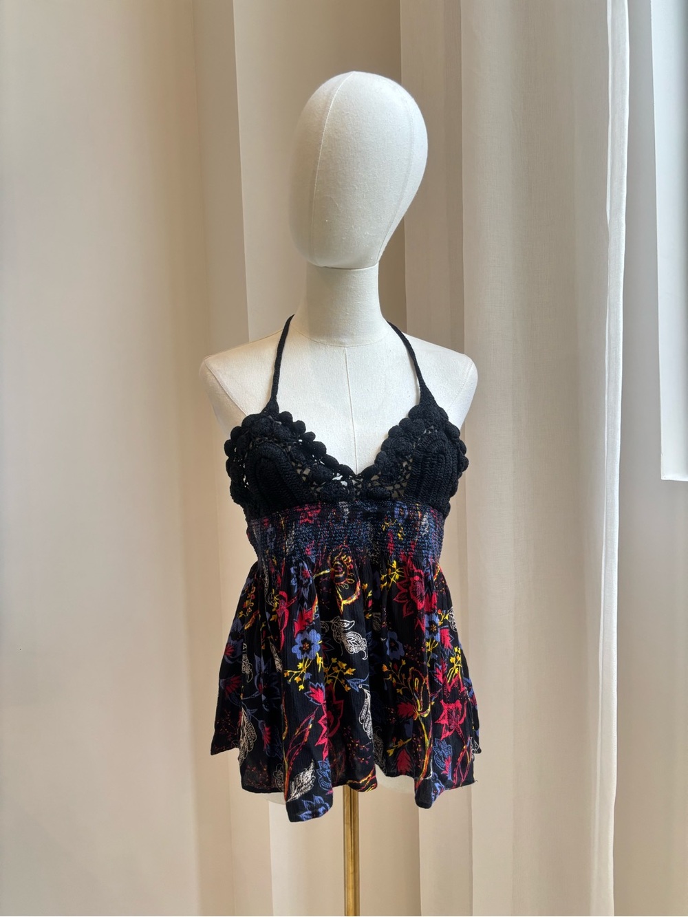Free People Crochet Halter Top Floral Smocked Babydoll Blouse Boho Indie L